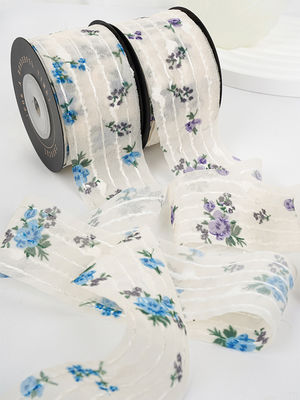 Flor Impressa Faixa de Organza Personalizada 4cm Flora Marfim Faixa de Organza