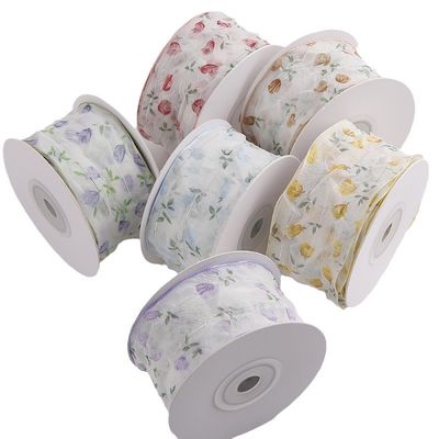 Faixa de Organza de 40 mm 50 mm com fita de poliéster impressa floral OEM Eco Friendly