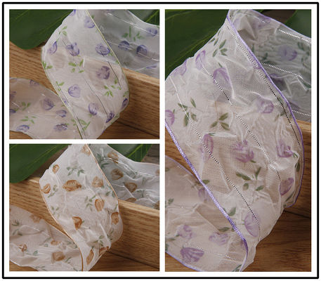 Faixa de Organza de 40 mm 50 mm com fita de poliéster impressa floral OEM Eco Friendly