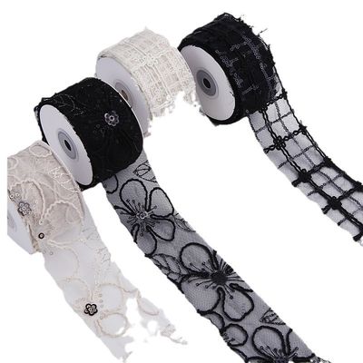 Lente de malha de poliéster brilhante de 50 mm com fita de jacquard floral
