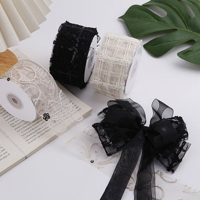 Lente de malha de poliéster brilhante de 50 mm com fita de jacquard floral